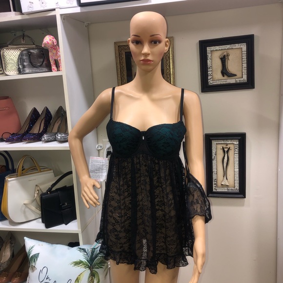 Frederick's Of Hollywood NWOT! Black Lace Mesh Babydoll And Bottom 2 Piece Set - Picture 1 of 14